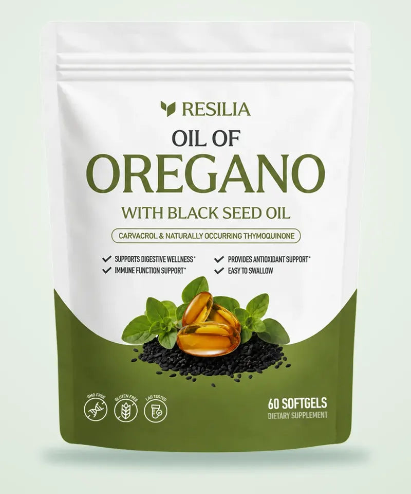 A Resilia Oil of Oregano with Black Seed Oil softgel pouch