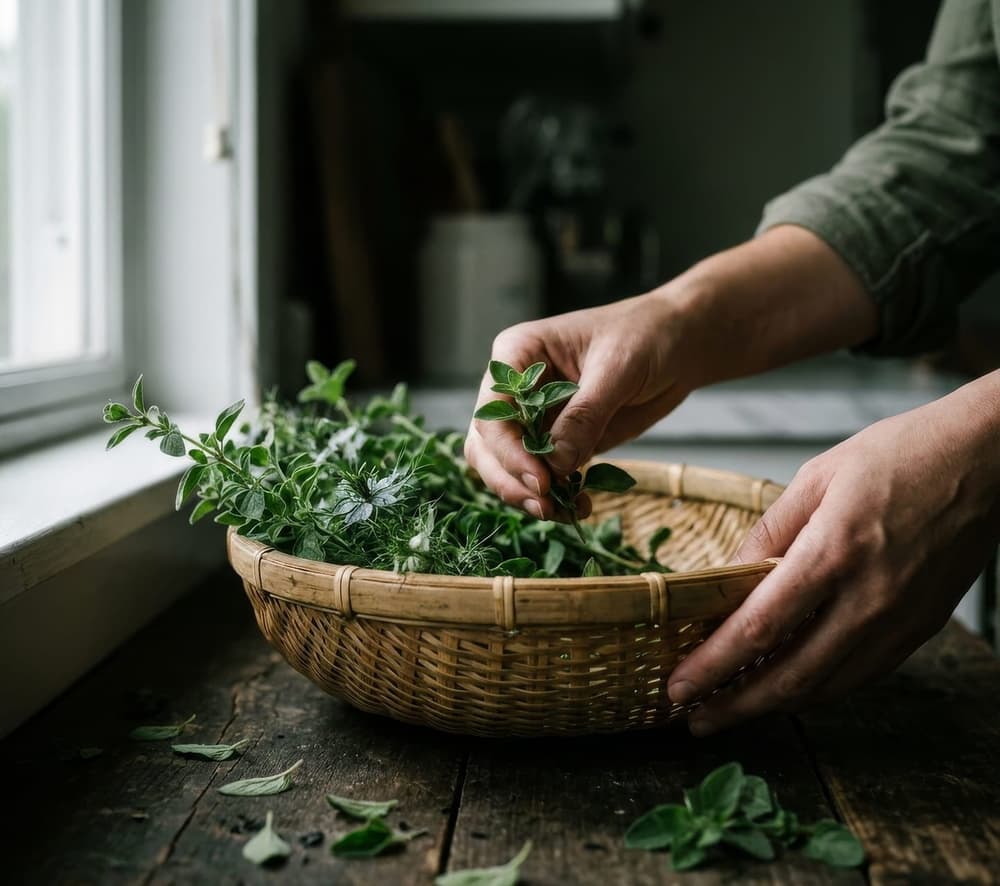Hands gathering fresh oregano sprigs into a woven basket by a kitchen window